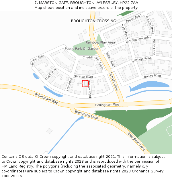 7, MARSTON GATE, BROUGHTON, AYLESBURY, HP22 7AA: Location map and indicative extent of plot