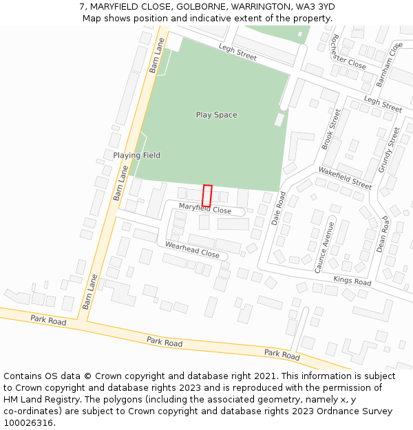 7, MARYFIELD CLOSE, GOLBORNE, WARRINGTON, WA3 3YD: Location map and indicative extent of plot