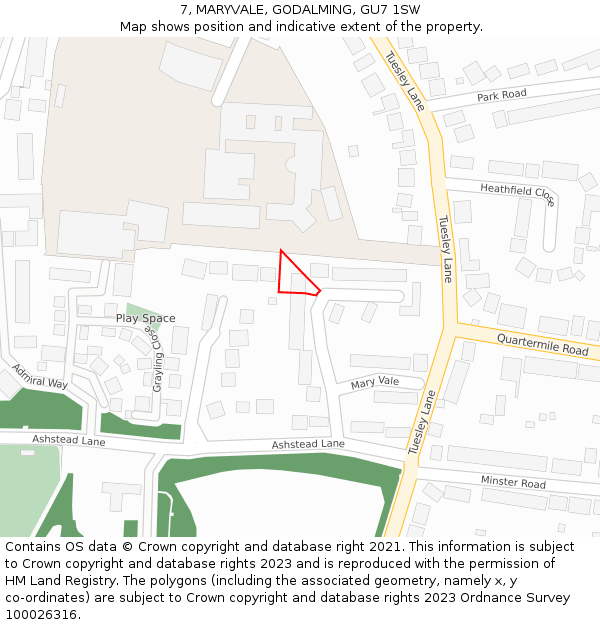 7, MARYVALE, GODALMING, GU7 1SW: Location map and indicative extent of plot