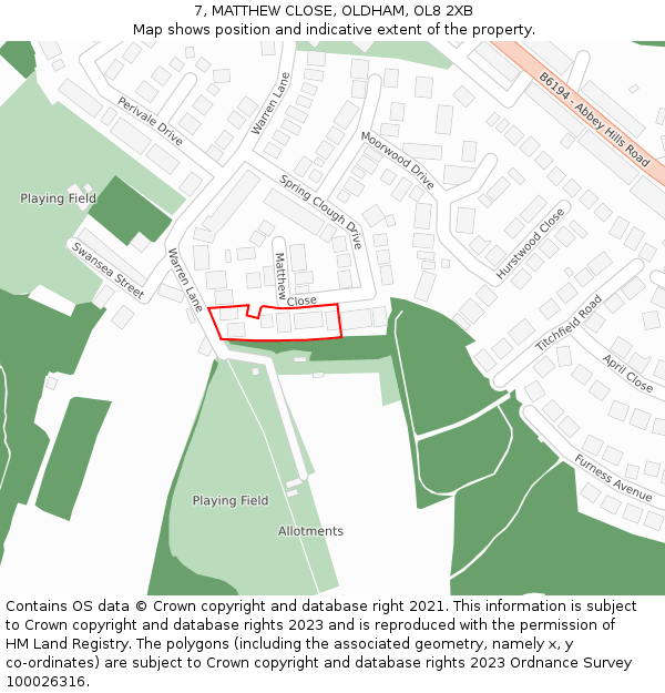 7, MATTHEW CLOSE, OLDHAM, OL8 2XB: Location map and indicative extent of plot