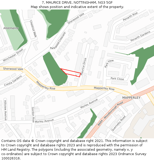 7, MAURICE DRIVE, NOTTINGHAM, NG3 5GF: Location map and indicative extent of plot