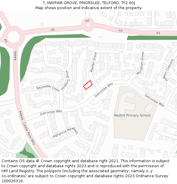 7, MAYFAIR GROVE, PRIORSLEE, TELFORD, TF2 9GJ: Location map and indicative extent of plot