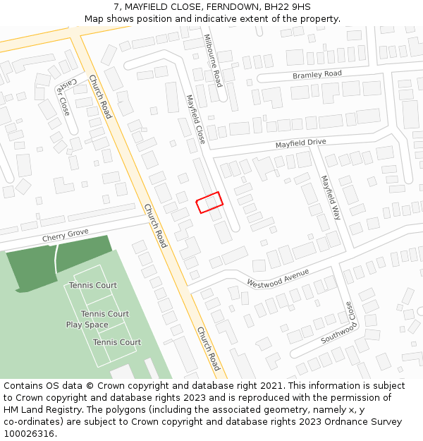 7, MAYFIELD CLOSE, FERNDOWN, BH22 9HS: Location map and indicative extent of plot