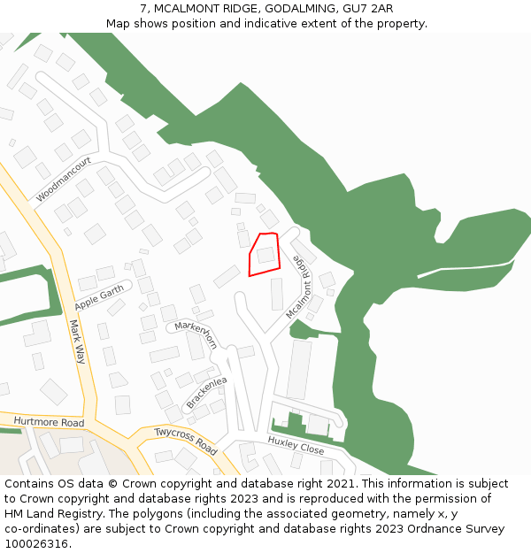 7, MCALMONT RIDGE, GODALMING, GU7 2AR: Location map and indicative extent of plot