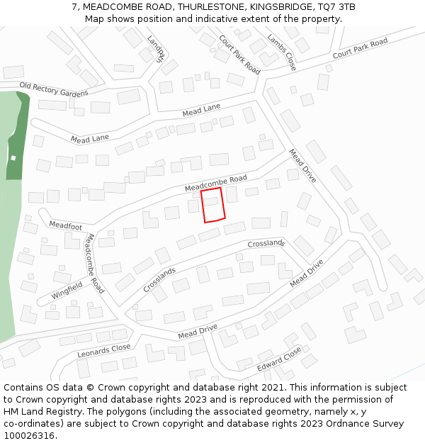 7, MEADCOMBE ROAD, THURLESTONE, KINGSBRIDGE, TQ7 3TB: Location map and indicative extent of plot