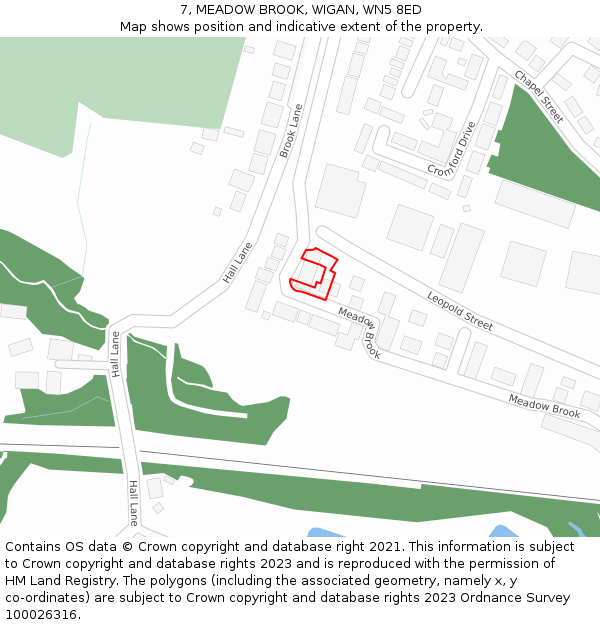 7, MEADOW BROOK, WIGAN, WN5 8ED: Location map and indicative extent of plot