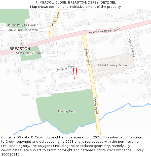 7, MEADOW CLOSE, BREASTON, DERBY, DE72 3EL: Location map and indicative extent of plot