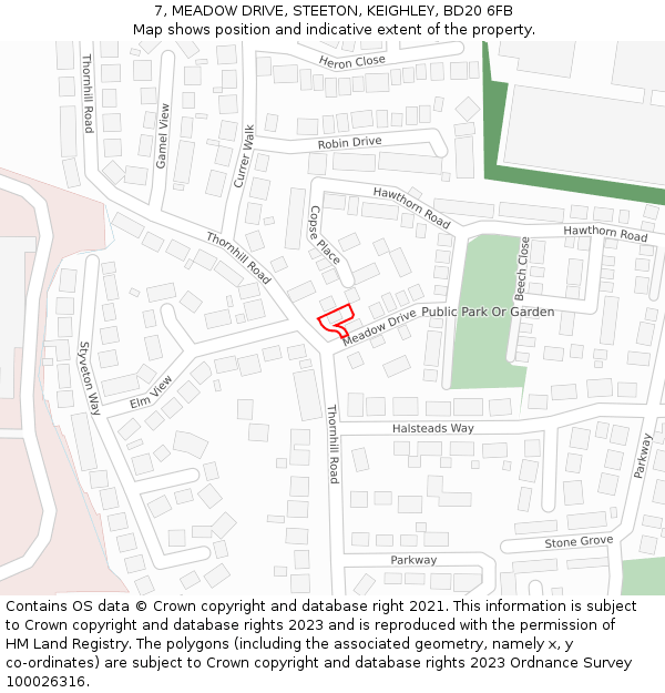 7, MEADOW DRIVE, STEETON, KEIGHLEY, BD20 6FB: Location map and indicative extent of plot