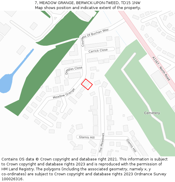 7, MEADOW GRANGE, BERWICK-UPON-TWEED, TD15 1NW: Location map and indicative extent of plot