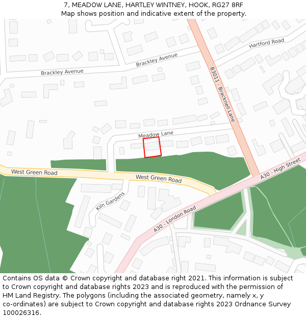 7, MEADOW LANE, HARTLEY WINTNEY, HOOK, RG27 8RF: Location map and indicative extent of plot