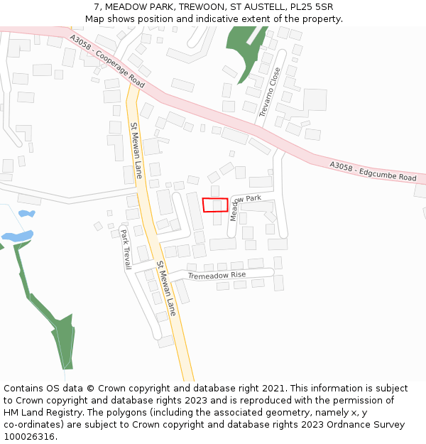 7, MEADOW PARK, TREWOON, ST AUSTELL, PL25 5SR: Location map and indicative extent of plot