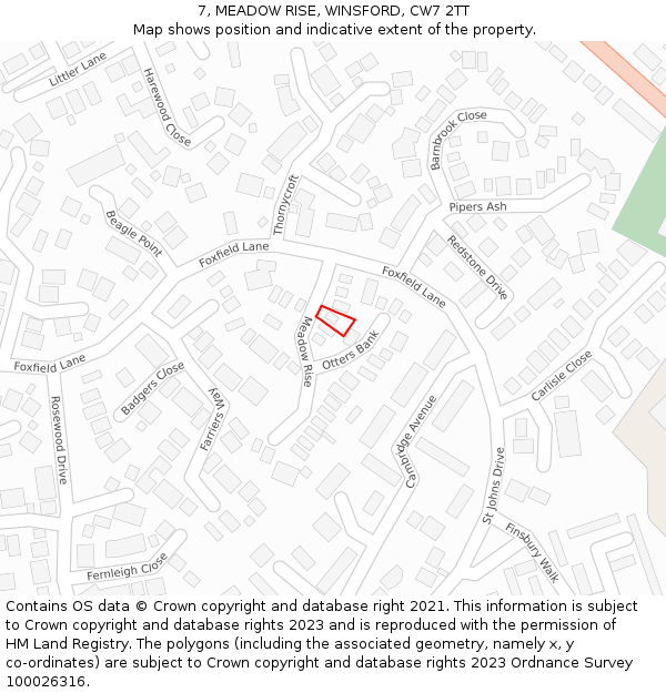 7, MEADOW RISE, WINSFORD, CW7 2TT: Location map and indicative extent of plot