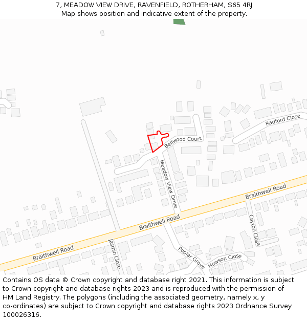 7, MEADOW VIEW DRIVE, RAVENFIELD, ROTHERHAM, S65 4RJ: Location map and indicative extent of plot