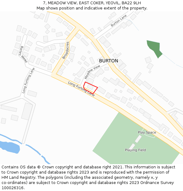 7, MEADOW VIEW, EAST COKER, YEOVIL, BA22 9LH: Location map and indicative extent of plot