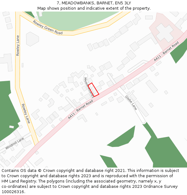 7, MEADOWBANKS, BARNET, EN5 3LY: Location map and indicative extent of plot