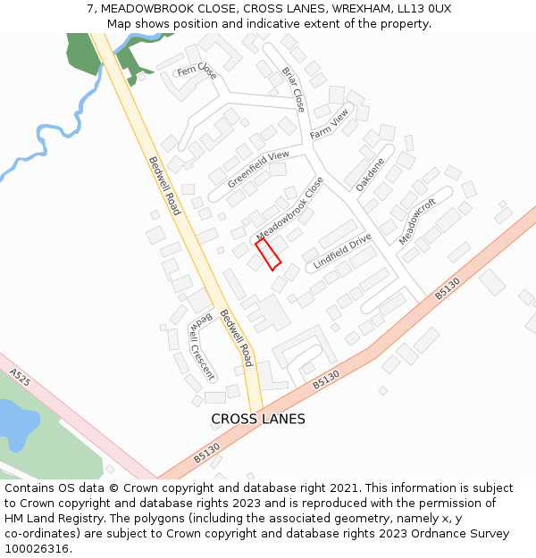7, MEADOWBROOK CLOSE, CROSS LANES, WREXHAM, LL13 0UX: Location map and indicative extent of plot