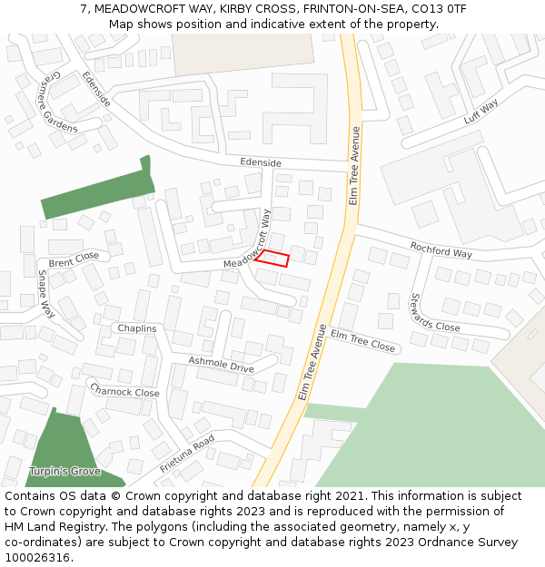 7, MEADOWCROFT WAY, KIRBY CROSS, FRINTON-ON-SEA, CO13 0TF: Location map and indicative extent of plot