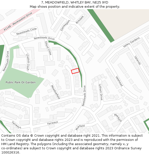 7, MEADOWFIELD, WHITLEY BAY, NE25 9YD: Location map and indicative extent of plot