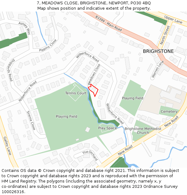 7, MEADOWS CLOSE, BRIGHSTONE, NEWPORT, PO30 4BQ: Location map and indicative extent of plot