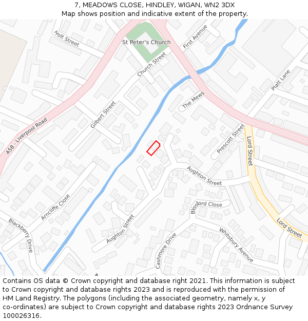 7, MEADOWS CLOSE, HINDLEY, WIGAN, WN2 3DX: Location map and indicative extent of plot