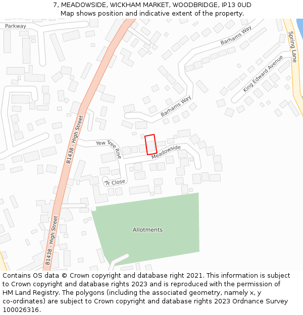 7, MEADOWSIDE, WICKHAM MARKET, WOODBRIDGE, IP13 0UD: Location map and indicative extent of plot