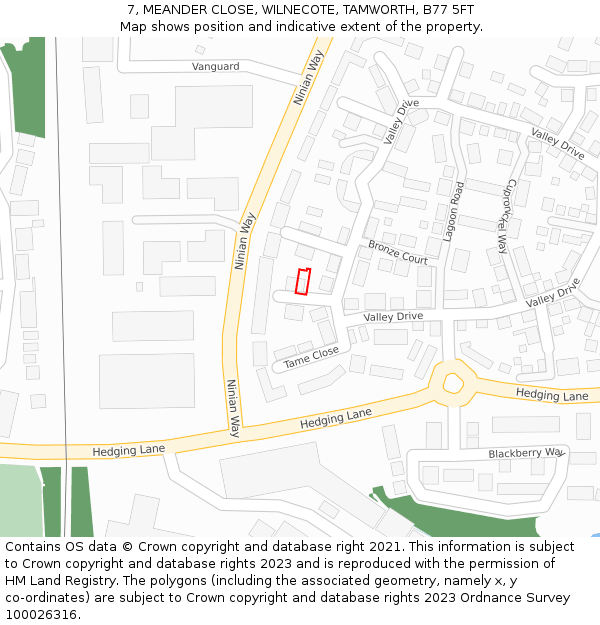 7, MEANDER CLOSE, WILNECOTE, TAMWORTH, B77 5FT: Location map and indicative extent of plot