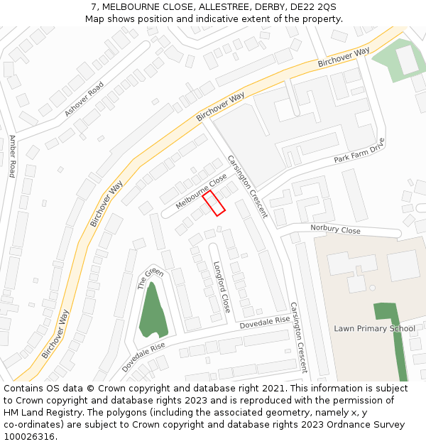 7, MELBOURNE CLOSE, ALLESTREE, DERBY, DE22 2QS: Location map and indicative extent of plot
