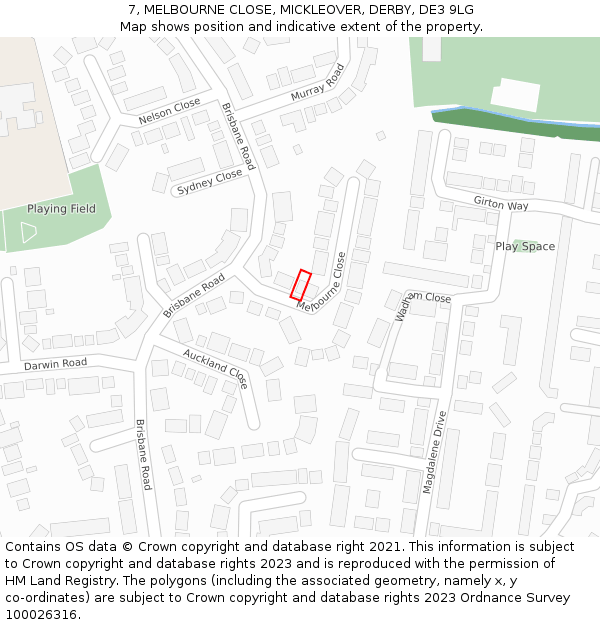 7, MELBOURNE CLOSE, MICKLEOVER, DERBY, DE3 9LG: Location map and indicative extent of plot