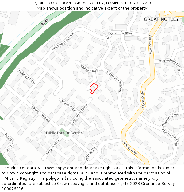 7, MELFORD GROVE, GREAT NOTLEY, BRAINTREE, CM77 7ZD: Location map and indicative extent of plot
