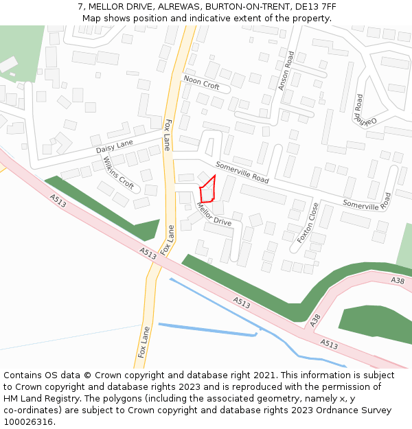 7, MELLOR DRIVE, ALREWAS, BURTON-ON-TRENT, DE13 7FF: Location map and indicative extent of plot