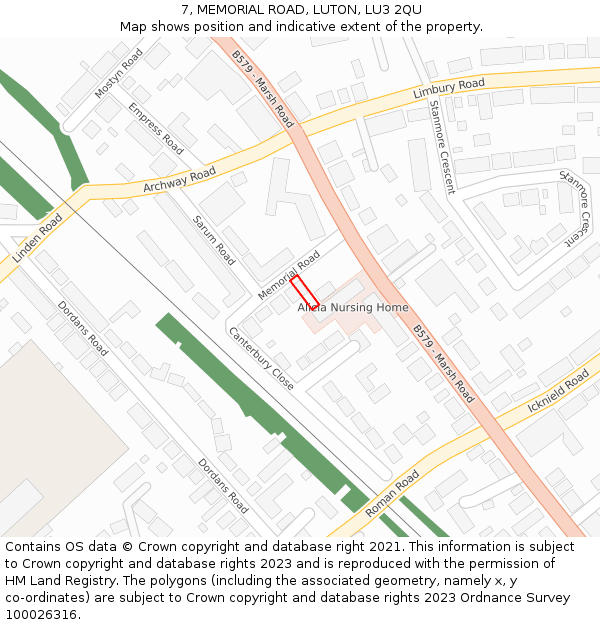 7, MEMORIAL ROAD, LUTON, LU3 2QU: Location map and indicative extent of plot