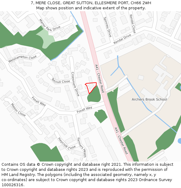 7, MERE CLOSE, GREAT SUTTON, ELLESMERE PORT, CH66 2WH: Location map and indicative extent of plot