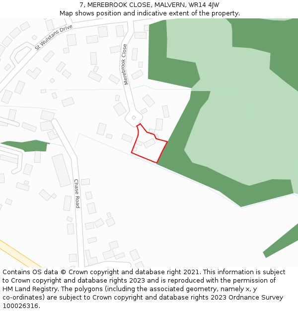 7, MEREBROOK CLOSE, MALVERN, WR14 4JW: Location map and indicative extent of plot