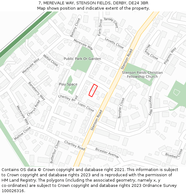 7, MEREVALE WAY, STENSON FIELDS, DERBY, DE24 3BR: Location map and indicative extent of plot