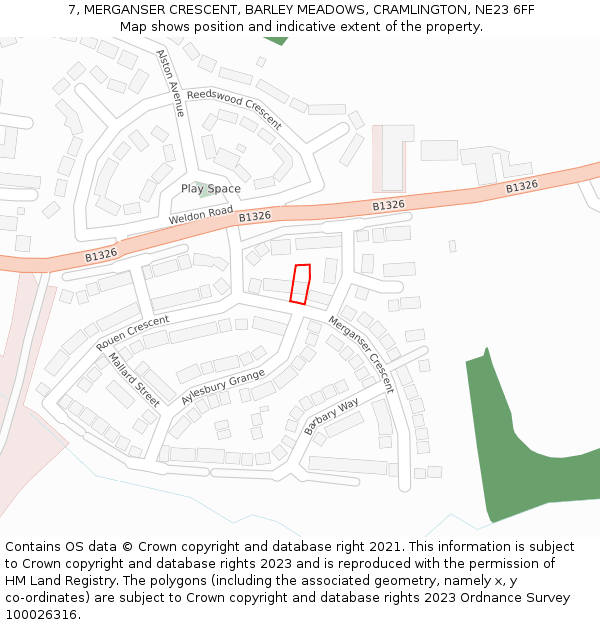 7, MERGANSER CRESCENT, BARLEY MEADOWS, CRAMLINGTON, NE23 6FF: Location map and indicative extent of plot