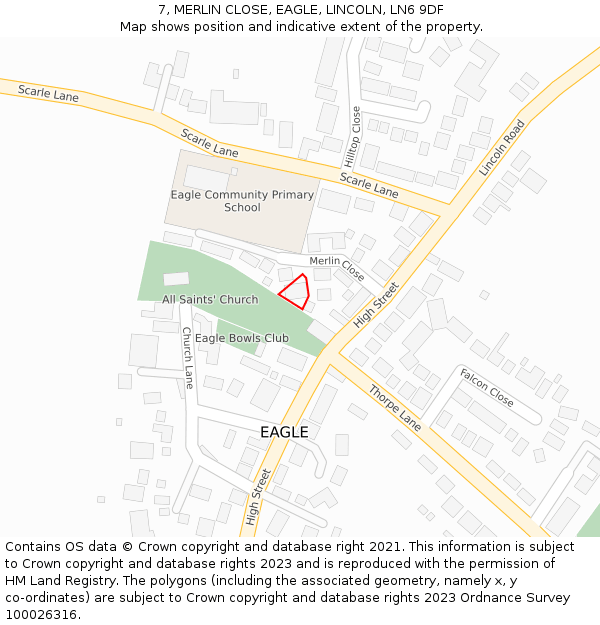 7, MERLIN CLOSE, EAGLE, LINCOLN, LN6 9DF: Location map and indicative extent of plot