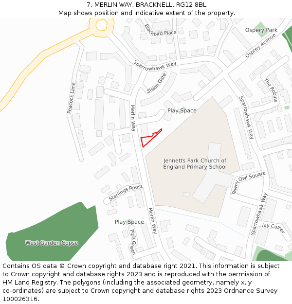 7, MERLIN WAY, BRACKNELL, RG12 8BL: Location map and indicative extent of plot