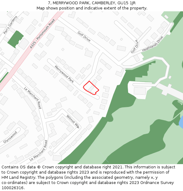 7, MERRYWOOD PARK, CAMBERLEY, GU15 1JR: Location map and indicative extent of plot
