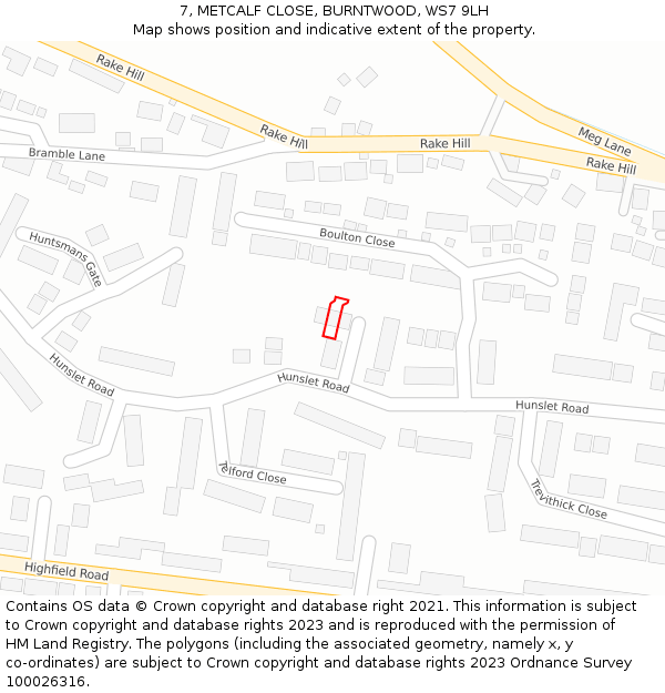 7, METCALF CLOSE, BURNTWOOD, WS7 9LH: Location map and indicative extent of plot