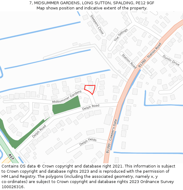 7, MIDSUMMER GARDENS, LONG SUTTON, SPALDING, PE12 9GF: Location map and indicative extent of plot