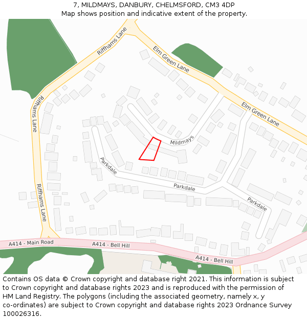 7, MILDMAYS, DANBURY, CHELMSFORD, CM3 4DP: Location map and indicative extent of plot