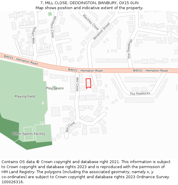 7, MILL CLOSE, DEDDINGTON, BANBURY, OX15 0UN: Location map and indicative extent of plot