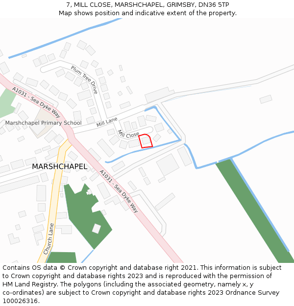 7, MILL CLOSE, MARSHCHAPEL, GRIMSBY, DN36 5TP: Location map and indicative extent of plot