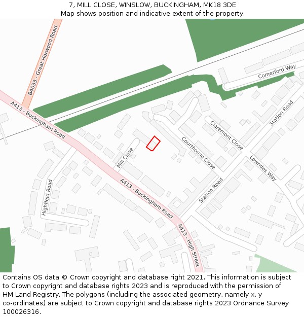 7, MILL CLOSE, WINSLOW, BUCKINGHAM, MK18 3DE: Location map and indicative extent of plot