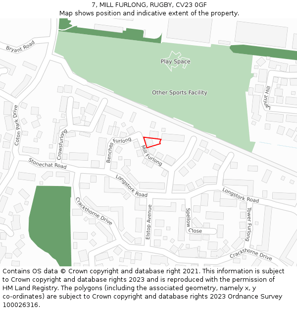 7, MILL FURLONG, RUGBY, CV23 0GF: Location map and indicative extent of plot