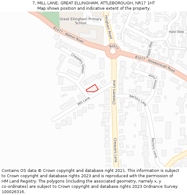 7, MILL LANE, GREAT ELLINGHAM, ATTLEBOROUGH, NR17 1HT: Location map and indicative extent of plot