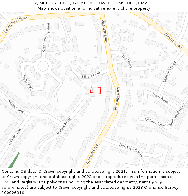 7, MILLERS CROFT, GREAT BADDOW, CHELMSFORD, CM2 8JL: Location map and indicative extent of plot