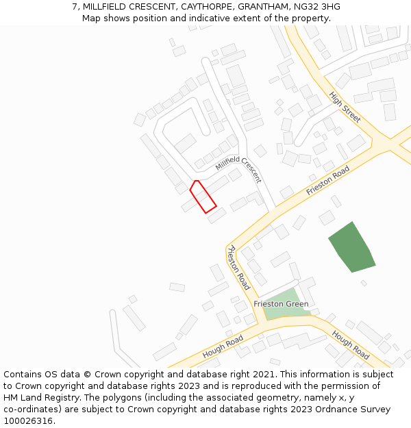 7, MILLFIELD CRESCENT, CAYTHORPE, GRANTHAM, NG32 3HG: Location map and indicative extent of plot