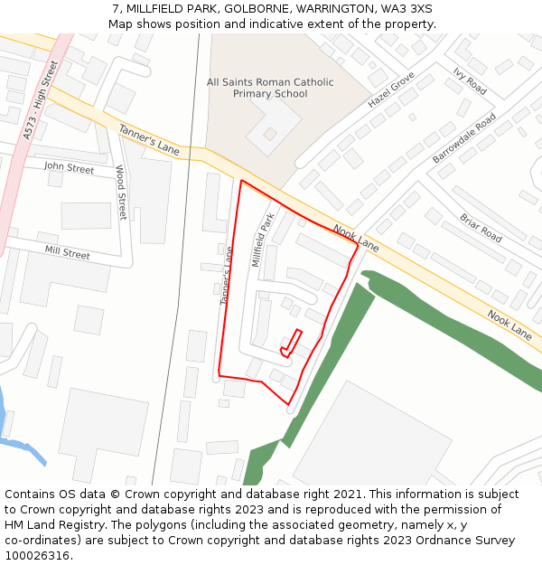 7, MILLFIELD PARK, GOLBORNE, WARRINGTON, WA3 3XS: Location map and indicative extent of plot