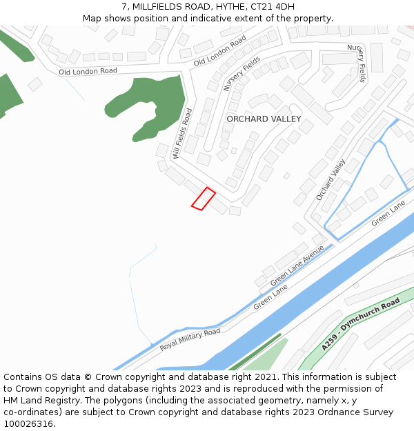 7, MILLFIELDS ROAD, HYTHE, CT21 4DH: Location map and indicative extent of plot